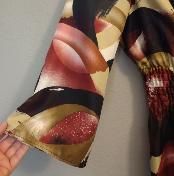 SERE NADE Abstract Print Peplum Blouse Black Cream Gold Dusty Pink - Picture 12 of 12